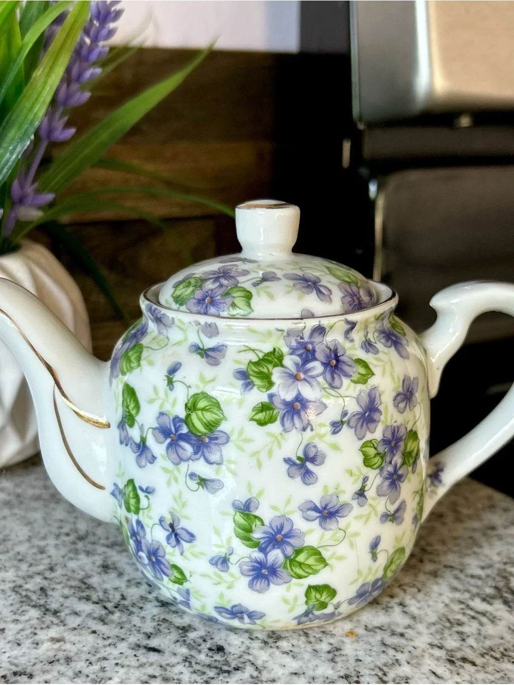 White Porcelain Teapot with Purple and Green Floral Print Design Lefton China